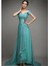 Off Shoulder Beaded Teal Chiffon Pleated Chic Evening Dress